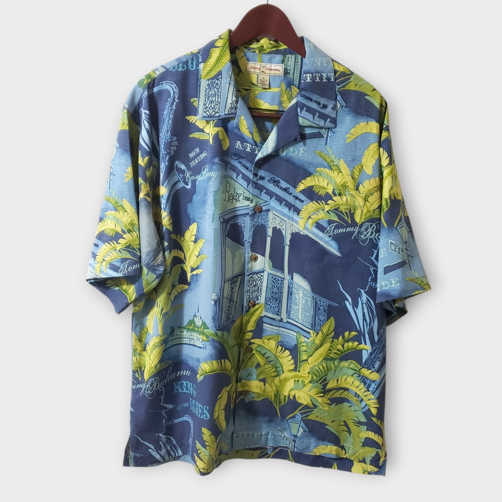 Tommy Bahama King Of The Blues 100% Silk Camp Shirt Xl Blue Jazz Saxophone Print